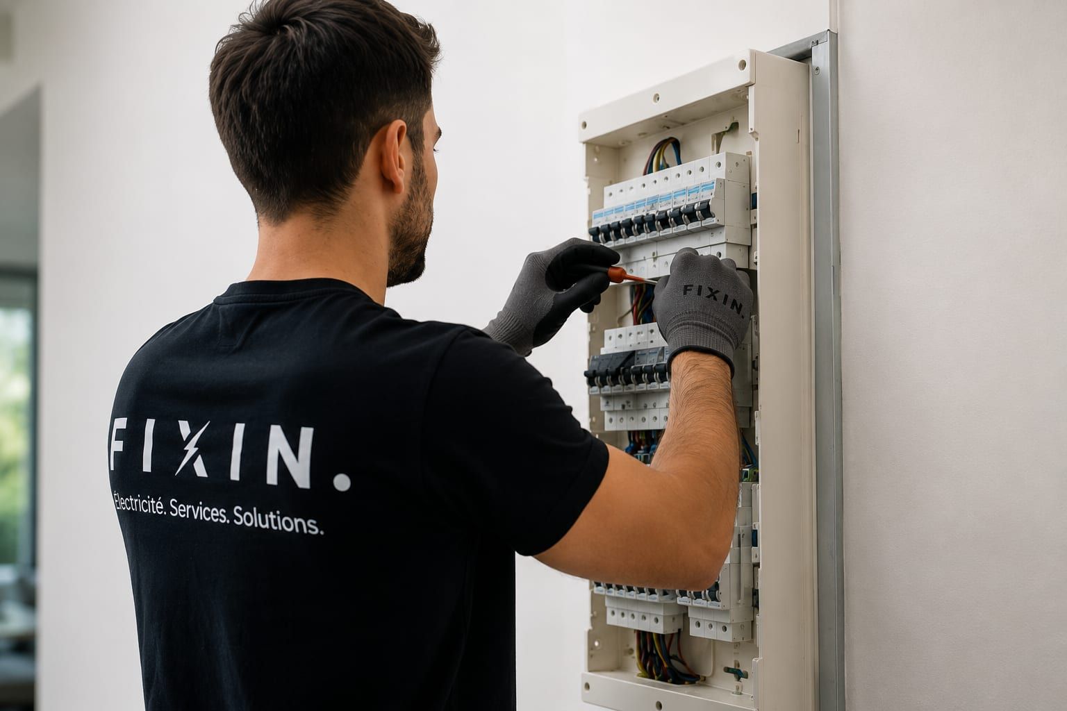 Baptiste, électricien Fixin, intervenant sur un tableau électrique au Pays Basque